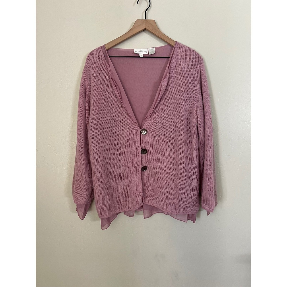 Soft Surroundings Pastel Pink Knit Cardigan Button Front Sheer‎ Underlay Medium